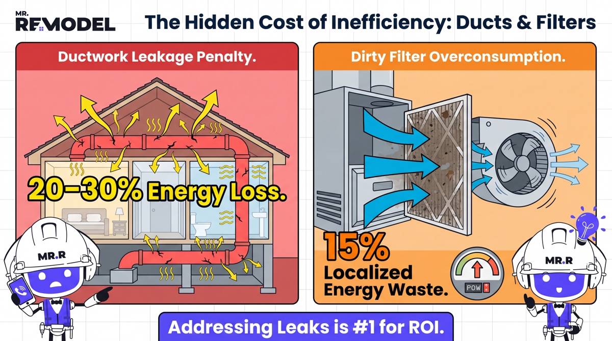 A stark, dual-panel infographic visualizing the two biggest efficiency drains. Left Panel (Duct Loss): A cross-section of a home with yellow arrows showing conditioned air leaking into an attic and crawlspace, labeled "Leaky Ducts: 20–30% Energy Loss." Right Panel (Filter Loss): A diagram of a clogged filter restricting airflow arrows into a blower motor, labeled "Dirty Filter: 15% Overconsumption."